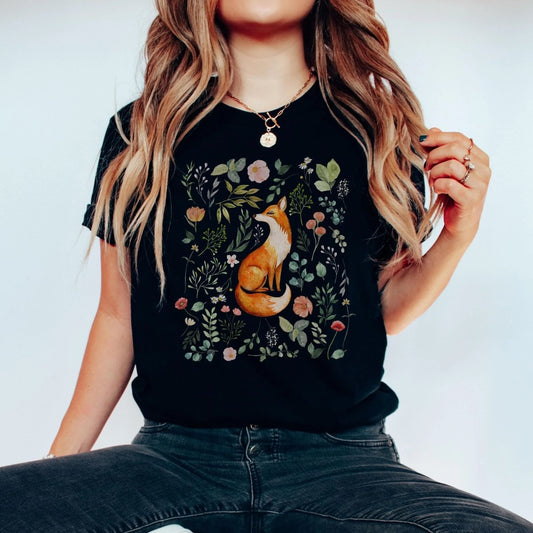 Fox Folk Art Shirt | Cottagecore Soft 100% Cotton Tee
