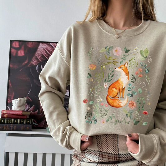 Fox Folk Art Sweatshirt | Cottagecore Cotton Blend Crewneck
