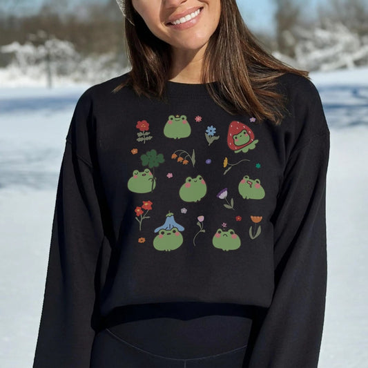 Kawaii Anime Frog Sweatshirt | Cottagecore Cotton Blend Crewneck