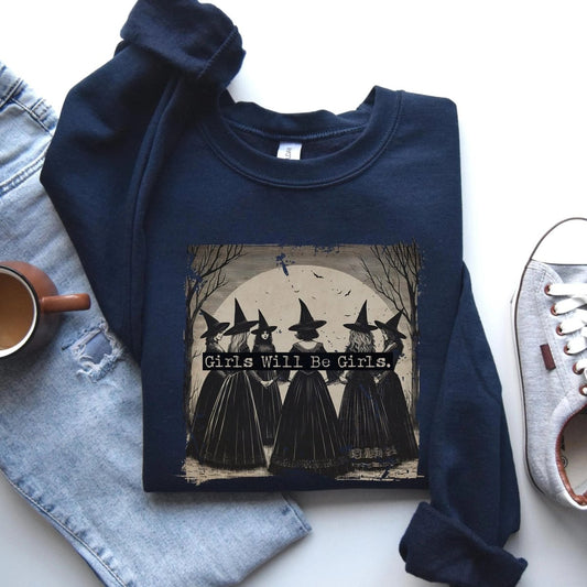 Witchy Girls Will Be Girls Sweatshirt | Feminist Cotton Blend Crewneck