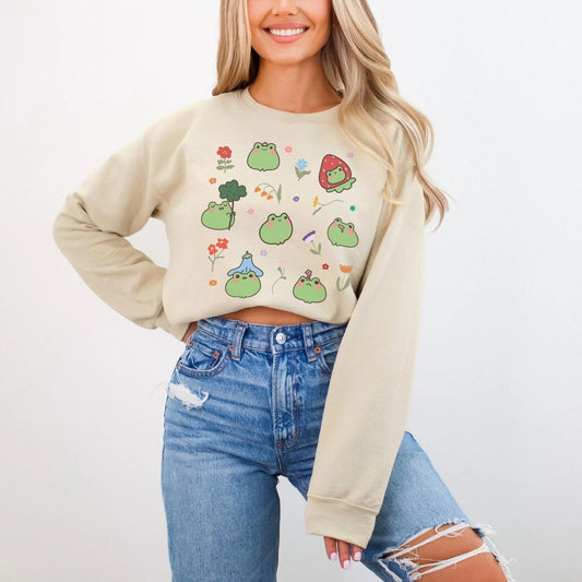 Kawaii Anime Frog Sweatshirt | Cottagecore Cotton Blend Crewneck