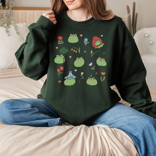 Kawaii Anime Frog Sweatshirt | Cottagecore Cotton Blend Crewneck