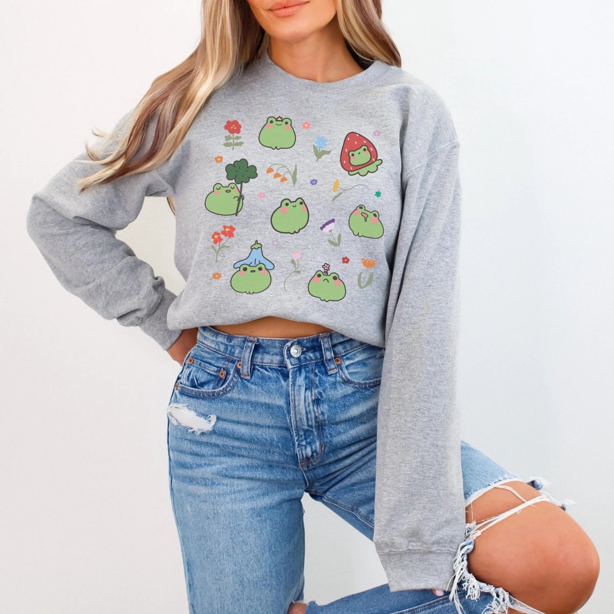 Kawaii Anime Frog Sweatshirt | Cottagecore Cotton Blend Crewneck